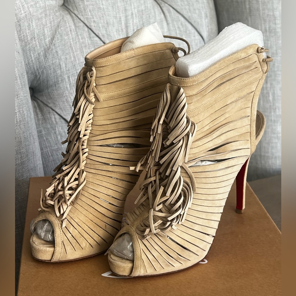 Christian Louboutin ‘Deva’ Beige Fringe Peep-Toe High Heel Booties